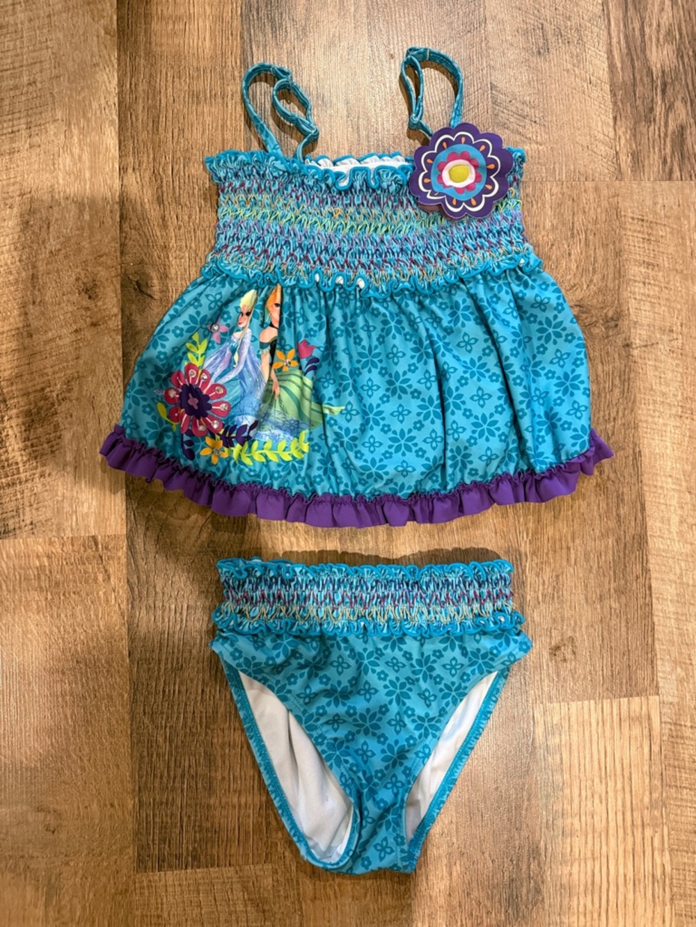Blue Floral Frozen Girls Two-Piece Swimsuit with Purple Trim-Size 5/6